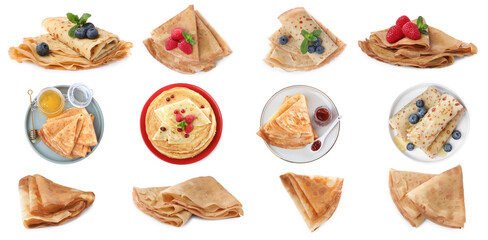 Set of delicious crepes with berries, jam and honey on white background. Banner design