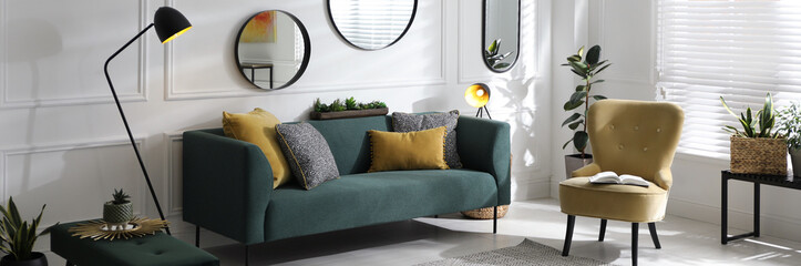 Modern living room interior with stylish comfortable sofa. Banner design
