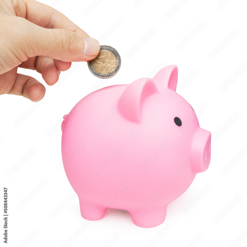 Wall mural hand with two euro coin and pink piggy bank. isolated with clipping path. savings and financial succ