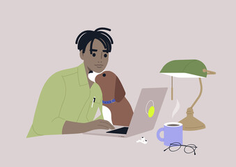 A young male African character cuddling with their dog while working on a laptop, a work from home concept