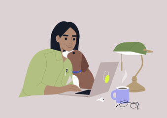 A young female Caucasian character cuddling with their dog while working on a laptop, a work from home concept