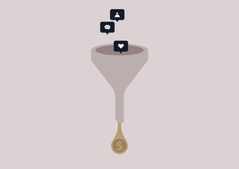 A social media monetization funnel, a profit generated with user engagement, likes, comments, and follows