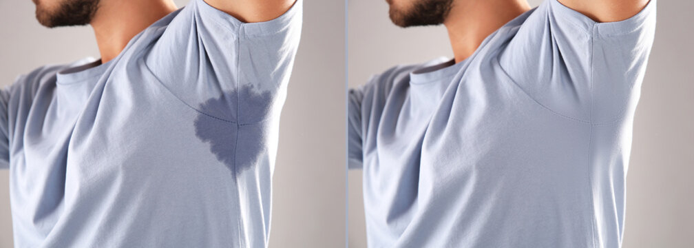 Man in t-shirt before and after using deodorant on grey background, closeup