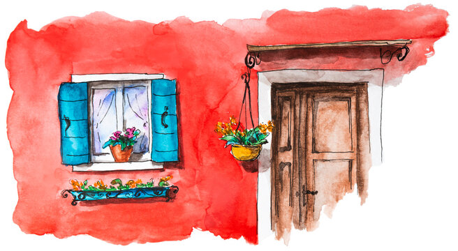 Watercolor painting of red facade of the house with door and window. Colorful architecture in Burano island, Venice, Italy. Creative art illustration on white paper.