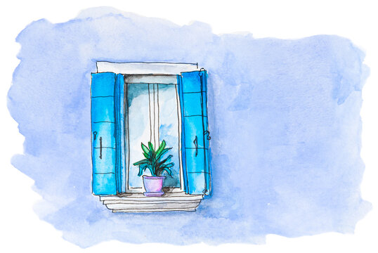 Watercolor painting of window with blue shutters on the lavender facade. Colorful architecture in Burano island, Venice, Italy. Creative art illustration on white paper.