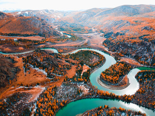 Chuya river in Altai mountains, Siberia, Russia. Aerial drone panorama. Blue river with yellow autumn trees in the mountains at sunset. Beautiful autumn landscape.