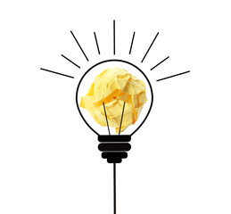 Yellow crumpled paper ball and drawn lamp bulb on white background
