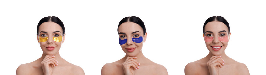 Collage of beautiful woman with cosmetic under eye patches on white background. Banner design