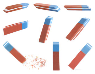 Collage of rubber erasers on white background