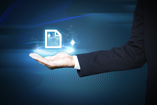 Man holding virtual icon of computer file on dark blue background, closeup