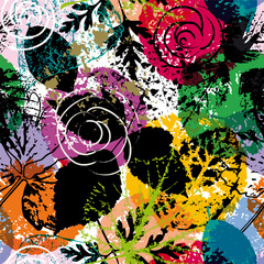 seamless floral background pattern, with leaves, abstract roses, paint strokes and splashes