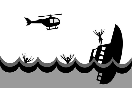 沈没船と救助を求める人と救助に向かうヘリコプター。海難事故のコンセプト。