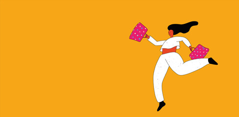 Happy young woman in white stylish suit runs with shopping bags on orange background. Shopping time. Vectors