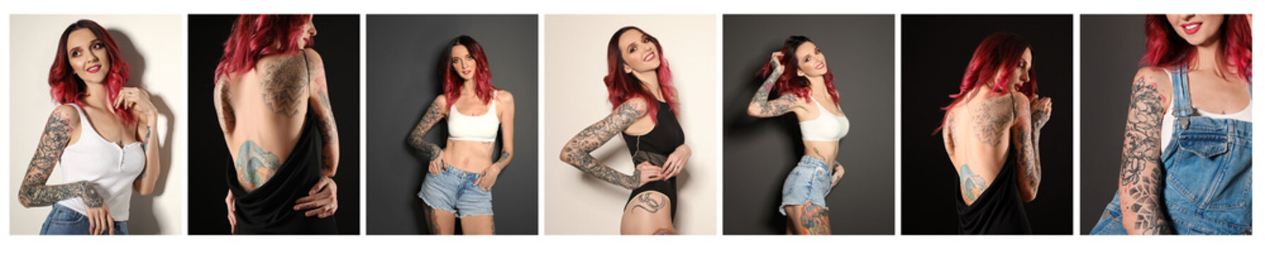Collage with photos of beautiful woman with tattoos on body. Banner design