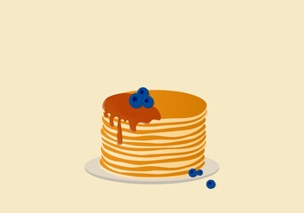 Pancakes with blueberries on the plate. Traditional sweet american breakfast with berries, creative food on beuge background. Maple syrup flows at falling pancakes. Eps10 vector illustration