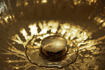 Drain in an expensive shiny golden wet sink with drops of water, a detail of a rich luxury interior