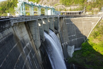 Okuta Dam and lakeside mountains in Sendai, Miyagi, Japan - 日本 宮城県 大倉ダム 放水