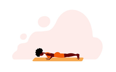 Chaturanga. Afro american black skin young woman doing yoga exercises. Trendy flat vector illustration