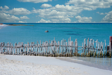 Dam with wooden poles at a tropical beach in Mexico. Isla Mujeres