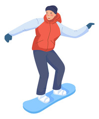 Young man on snowboard smiling. Winter extreme sport