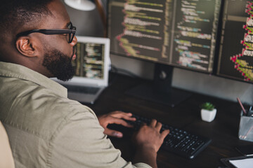 Profile side view portrait of attractive focused experienced smart skilled guy expert editing data...