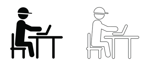 Cartoon stickman, stick figure with table, laptop. People are working to works at home or in the office a workplace. Office worker, blogger typing or writing on computer.