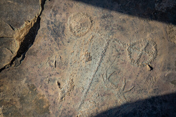 Drawn figures on the stone wall. Rock painting in mountain of Altai Republic, Russia