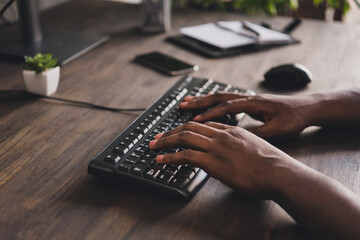 Cropped view portrait of attractive skilled guy expert hands developing web project startup at...