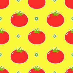 Cute funny tomato yellow pattern character. Vector hand drawn traditional cartoon vintage, retro, kawaii character illustration icon. Isolated on yellow background. Pattern tomato character concept