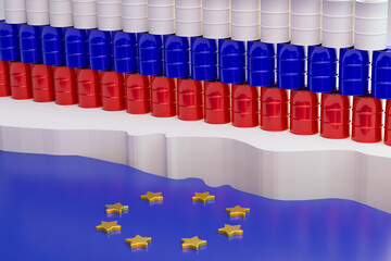 Flag of the EU and Russia flag colored barrels of oil as a symbol of sanctions. Slowdown in GDP growth, inflation and stagnation of the world economy due to oil prices. 3d rendering