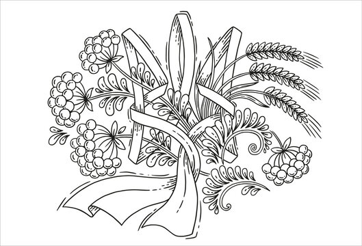 Vector coloring design, decorative version of the state symbol of Ukraine trident. Ribbon in blue and yellow flag, viburnum berries and ears of wheat