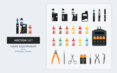 Vape equipment set vector illustration. Vaping accessories and tools. Vape shop. color editable Eps 10.