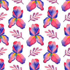 Fototapeta na wymiar Floral seamless pattern in retro style. Bright purple watercolour irises isolated on a white background. Stylized hand-drawn flowers and leaves