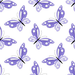 Fototapeta na wymiar Simple seamless pattern. Purple watercolor flying butterflies isolated on a white background. Hand-drawn insects