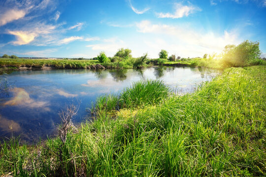 River with green grass on shore and blue sky