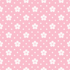 Pink seamless pattern with white Sakura flowers and dots. Cherry blossom print.