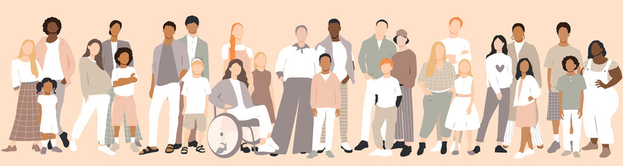 Multicultural group of families. Flat vector illustration.