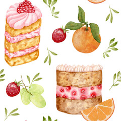 Fototapeta premium Watercolor Seamless Pattern with Raspberry and Cherry Cake. Pattern with Orange, Grape and Citrus Slice. Delicate design for Menu, Dessert Packaging and Scrapbooking.