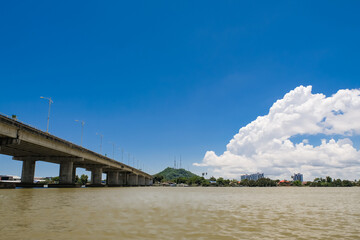 Fototapeta na wymiar Sultan Mahmud Bridge, Kuala Terengganu, Terengganu, Malaysia, taken from a tourist boat.