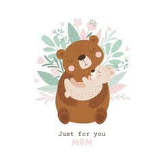 Happy Mother's Day card with cute bear. Vector illustration
