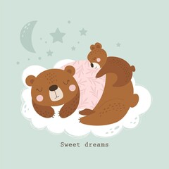 Postcard with a cute sleeping cartoon bear. Sweet Dreams. Vector illustration