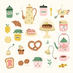 Hand drawn set with cups and sweeties; teapots. Vector illustration for cafe menu; logo; banner; flayer; stickers
