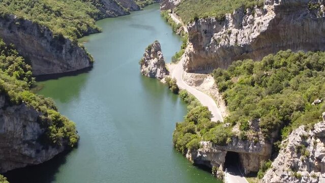 aerial footage of river Ebro in a canyon in spain