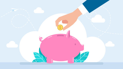 The concept of saving money. Piggy Bank for storing money. Hand puts gold coins in a piggy bank. Business concept of savings, dividends, credit interest. Flat style. Illustration