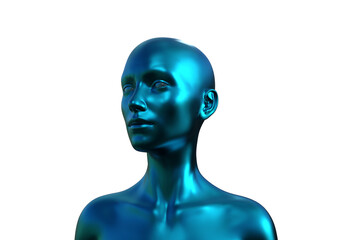 3d illustration. Portrait of a blue bald woman on a white background. 