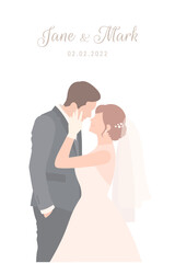 Bride in white dress happily touches the face of her Groom in black suit for their wedding ceremony invitation card flat vector couple characters on white background.