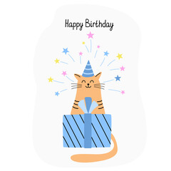Greeting card with a cute cat and birthday present or gift box. Hand drawn flat vector  illustration and Happy Birthday lettering. Funny pet.