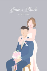 Brown hair bride in white dress happily stands behind her Groom in navy blue suit sitting for their wedding ceremony invitation card flat vector couple characters on gray background.