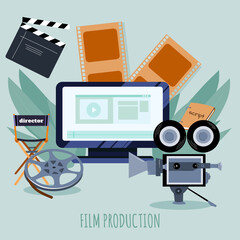 Video recording. А video production of a vector illustration of a flat design. Creating a media product. Video editing