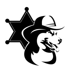 head portrait of shepherd dog wearing cowboy hat and sheriff star badge - american wild west style animal character black and white vector outline